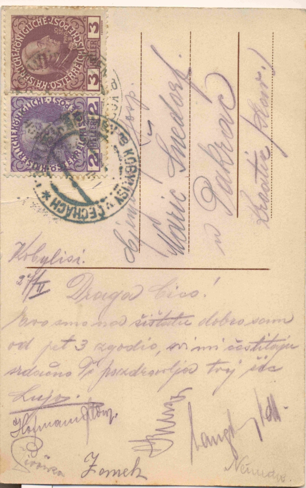 Razglednica iz albuma Pakračanina Luje Šnedorfa  poslana za vrijeme njegovog služenja austrougarskoj vojsci tijekom Prvog svjetskog rata 