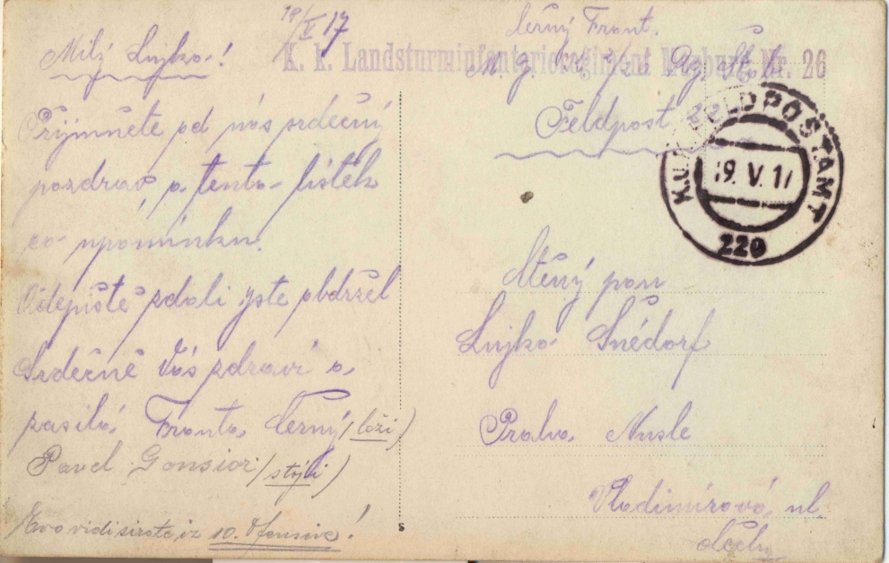 Razglednica iz albuma Pakračanina Luje Šnedorfa poslana za vrijeme njegovog služenja u austrougarskoj vojsci tijekom Prvog svjetskog rata