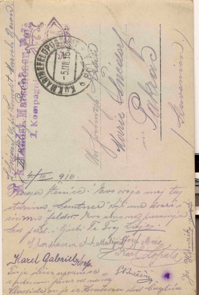 Razglednica iz albuma Pakračanina Luje Šnedorfa  poslana za vrijeme njegovog služenja austrougarskoj vojsci tijekom Prvog svjetskog rata 